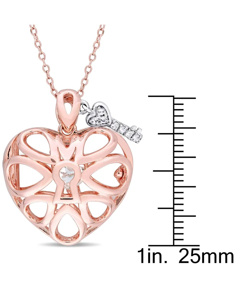 White Topaz Heart Lock & Key 18" Pendant Necklace in Sterling Silver & 18k Rose Gold-Plate