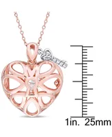 White Topaz Heart Lock & Key 18" Pendant Necklace in Sterling Silver & 18k Rose Gold-Plate