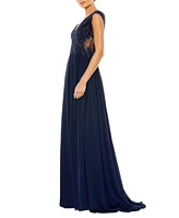 Mac Duggal Women's Appliqued Cap Sleeve Bodice Flowy Gown