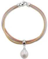 Cultured Freshwater Pearl (10mm) Tricolor Triple Row Charm Bracelet - Tri