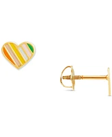 Children's Striped Enamel Heart Stud Earrings in 14k Gold