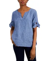 Charter Club Petite 100% Linen Split-Neck Tie Sleeve Top, Created for Macy's