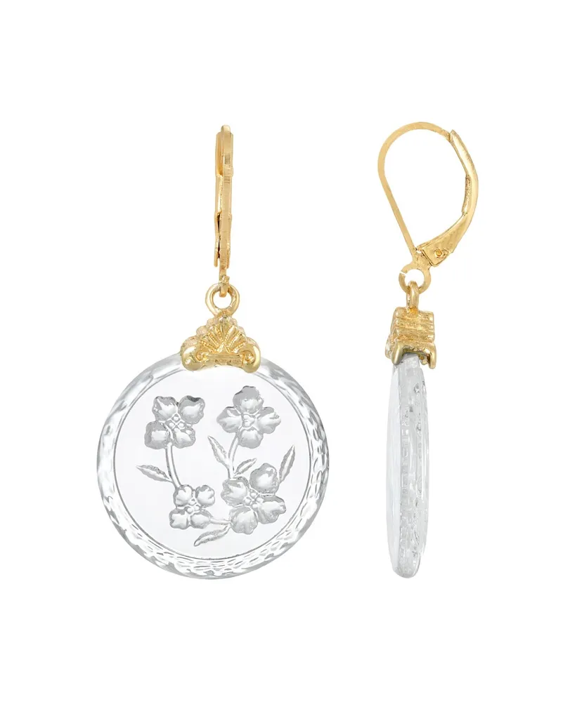 2028 Gold-Tone German Glass Etched Flowers Earrings