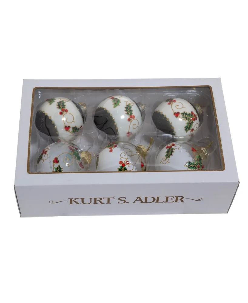 Kurt Adler 80 Mm Holly Leaves and Berries Glass Ball Ornaments 6 Piece Set