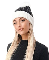 Marcus Adler Women's Lurex Colorblock Faux Fur Pom Beanie