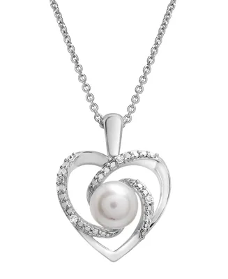 Cultured Freshwater Pearl (6mm) & Diamond Accent Swirl Heart 18" Pendant Necklace in Sterling Silver