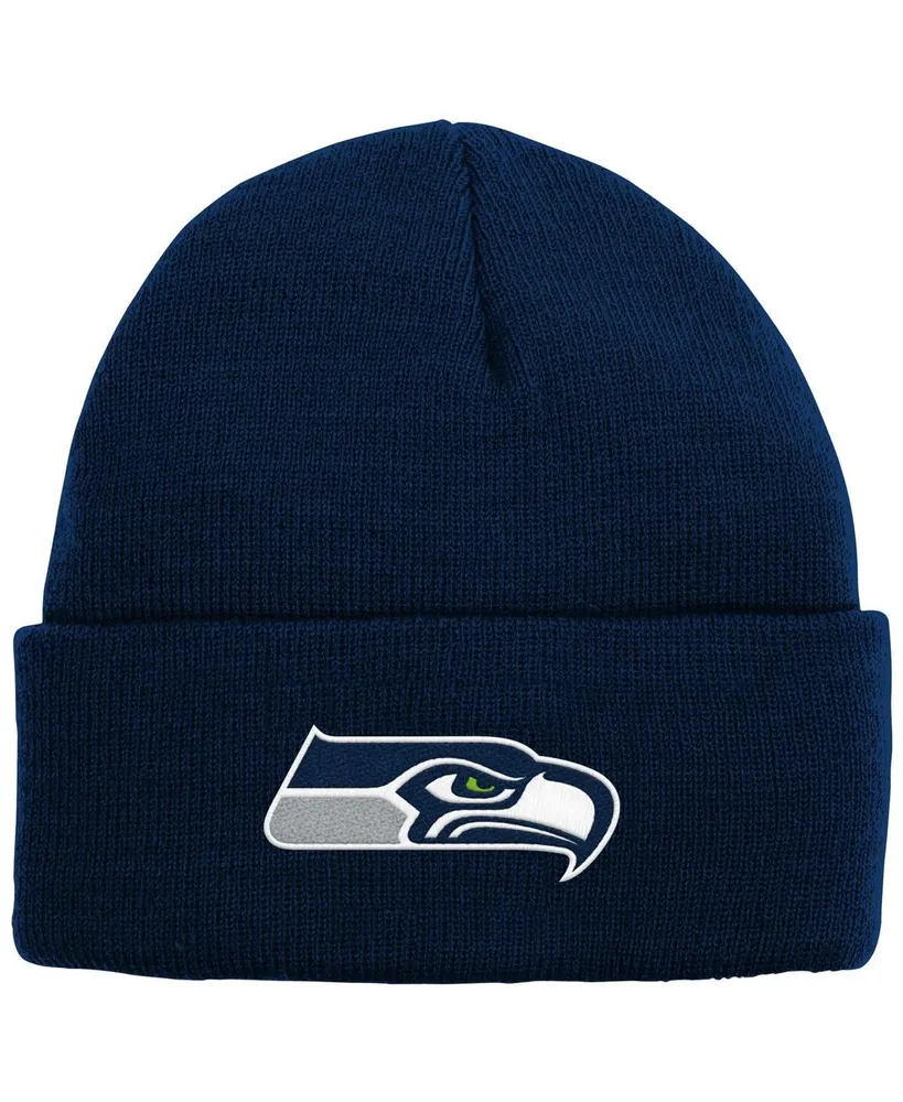 Youth New Era Cream/College Navy Seattle Seahawks 2022 Sideline Sport  Cuffed Pom Knit Hat