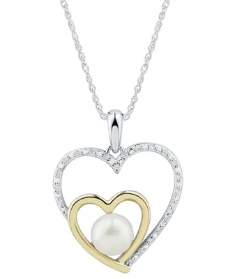 Cultured Freshwater Pearl (6mm) & Diamond Accent Heart Pendant Necklace in Sterling Silver & 14k Gold