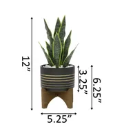 12" Artificial Snake Plant in 4.75" Ceramic Planter on Wood Stand