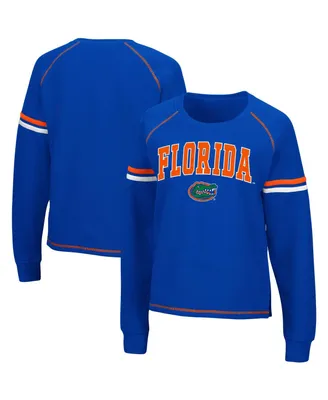 Women's Royal Florida Gators Sweep Pass Sleeve Stripe Raglan Pullover Sweatshirt