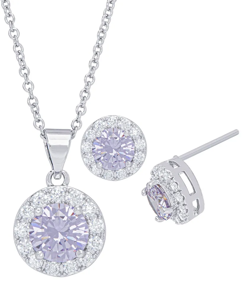 Cubic Zirconia Round Halo Pendant and Earrings Set in Fine Silver Plate, 2 Piece