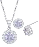 Cubic Zirconia Round Halo Pendant and Earrings Set in Fine Silver Plate, 2 Piece
