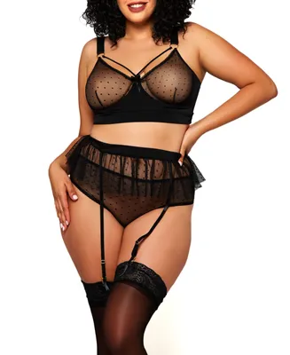 iCollection Plus Roma Swiss Dot Skirted 3pc Lingerie Set