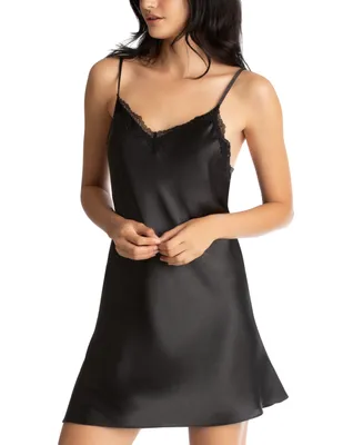 Linea Donatella Lace-Trim Solid Satin Chemise Nightgown