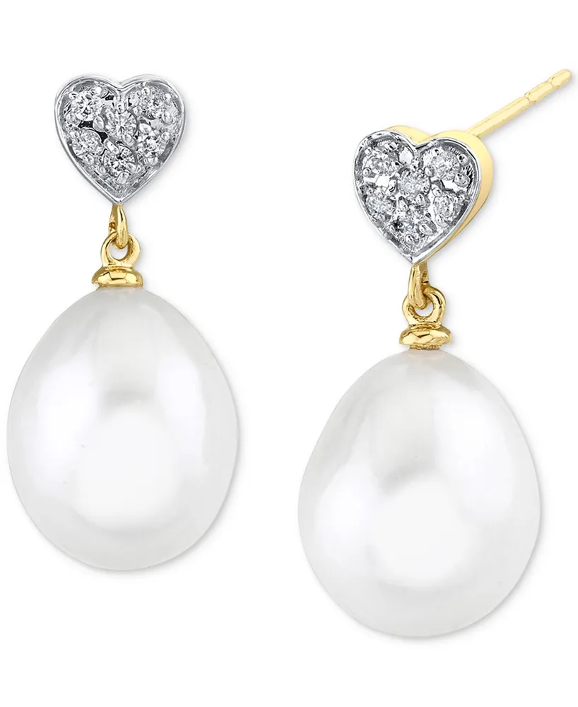 Cultured Freshwater Pearl (9mm) & Diamond (1/10 ct. t.w.) Heart Cluster Drop Earrings in 14k Gold