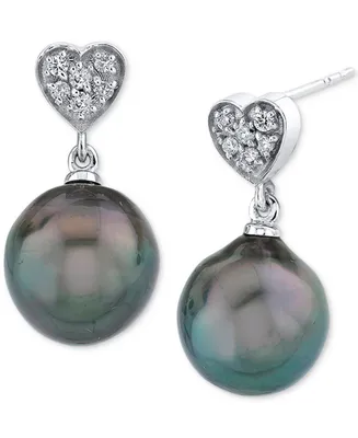 Cultured Freshwater Pearl (9mm) & Diamond (1/10 ct. t.w.) Heart Cluster Drop Earrings 14k Gold