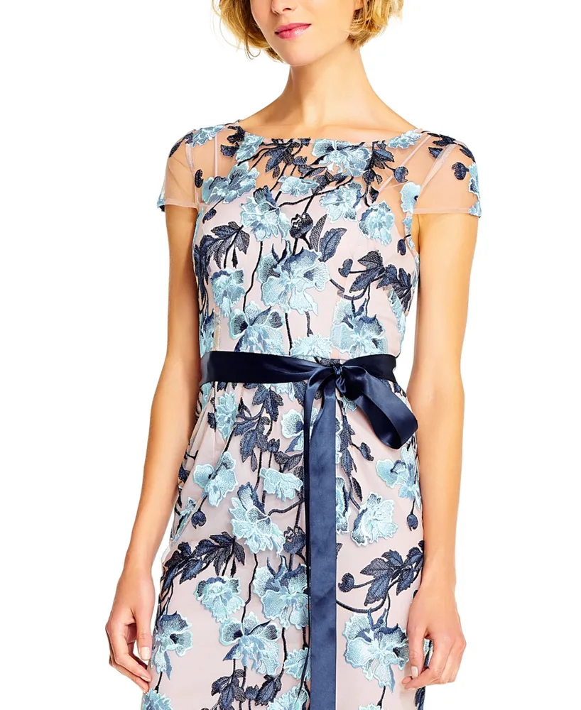 Adrianna Papell Floral-Embroidered Column Gown