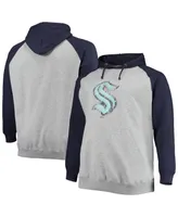 Men's Heathered Gray, Deep Sea Blue Seattle Kraken Big and Tall Raglan Pullover Hoodie