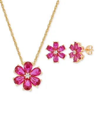 Lab-Grown Ruby (5-1/3 ct. t.w.) & White Sapphire (1/8 ct. t.w.) Flower 18" Pendant Necklace in 18k Gold-Plated Sterling Silver