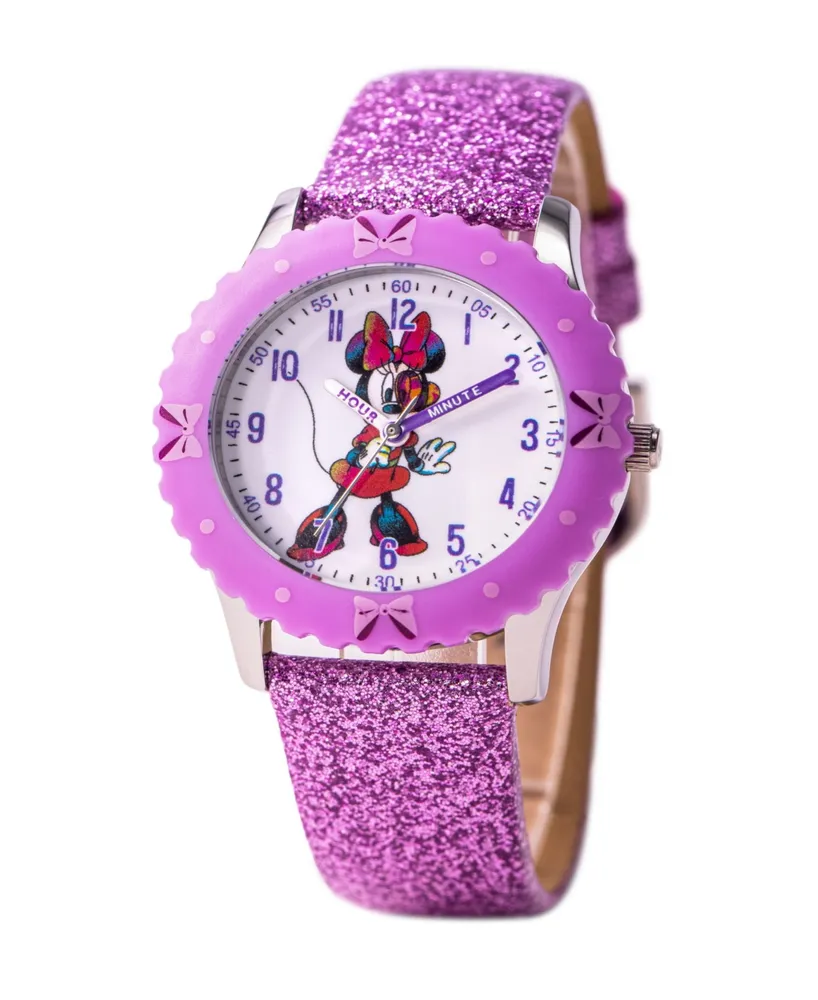 ewatchfactory Girl's Disney Minnie Mouse Purple Leather Strap Watch 32mm