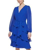 Jessica Howard Petite Blouson-Sleeve Tiered Chiffon Fit & Flare Dress