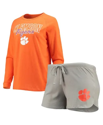 Women's Orange, Gray Clemson Tigers Raglan Long Sleeve T-shirt and Shorts Sleep Set