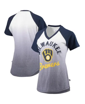 Women's Navy and White Milwaukee Brewers Shortstop Ombre Raglan V-Neck T-shirt