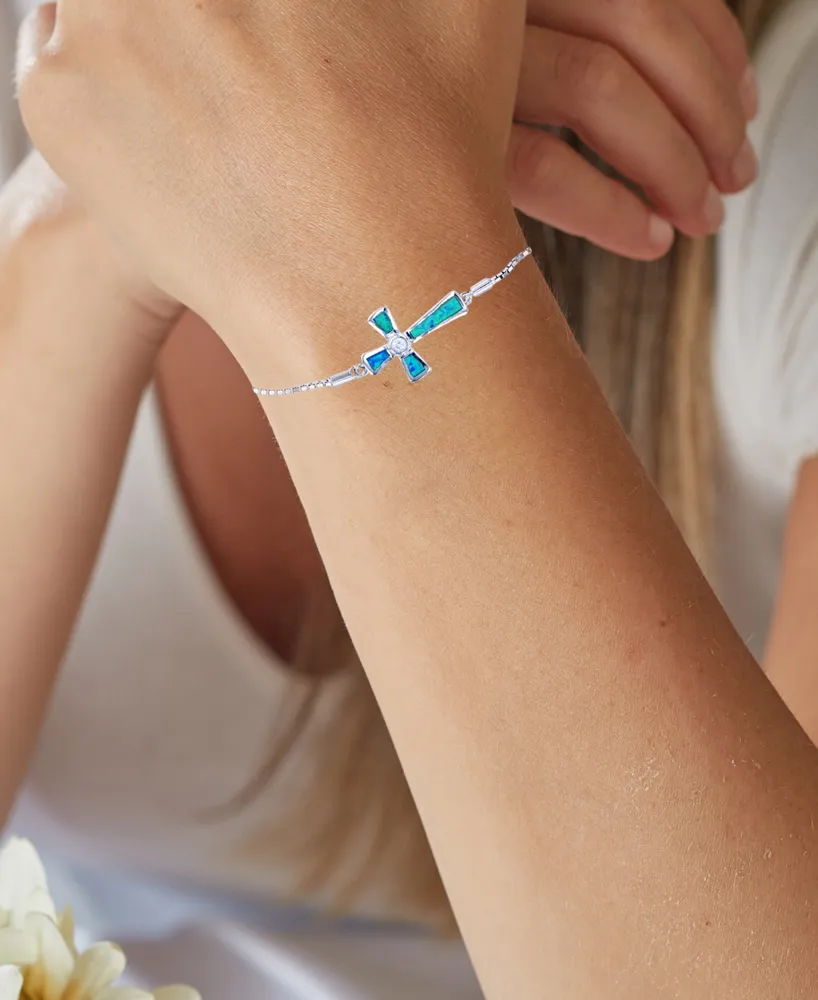 Lab-Created Blue Opal Cross Bolo Bracelet in Sterling Silver