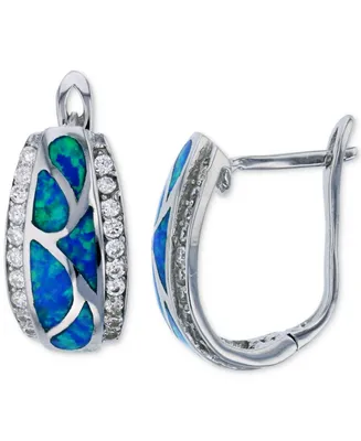 Lab-Grown Blue Opal (5/8 ct. t.w.) & Cubic Zirconia Hoop Earrings in Sterling Silver