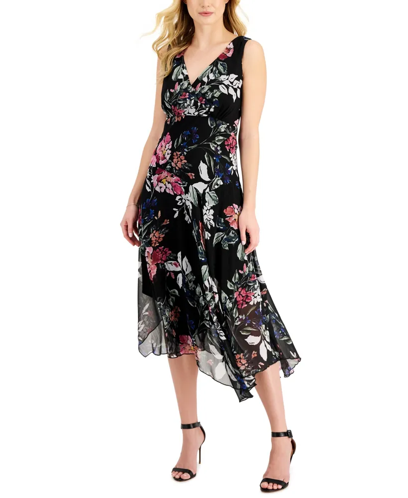 Connected Plus Floral-Print Sleeveless Handkerchief-Hem Dress