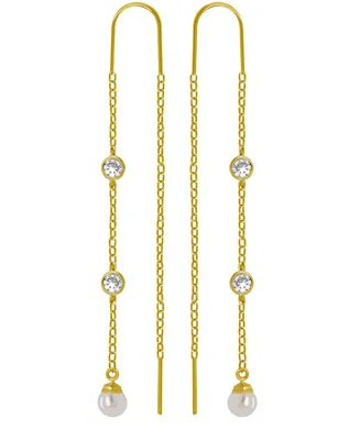 18K Gold Plated Imitation Cubic Zirconia and Imitation Pearl Threader Earrings