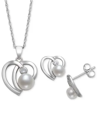 Belle de Mer 2-Pc. Set Cultured Freshwater Button Pearl (6mm) & Cubic Zirconia Heart Pendant Necklace & Matching Stud Earrings in Sterling Silver