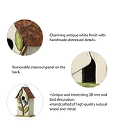 Glitzhome 9.75" Washed Birdhouse with 3D Tree and Bird
