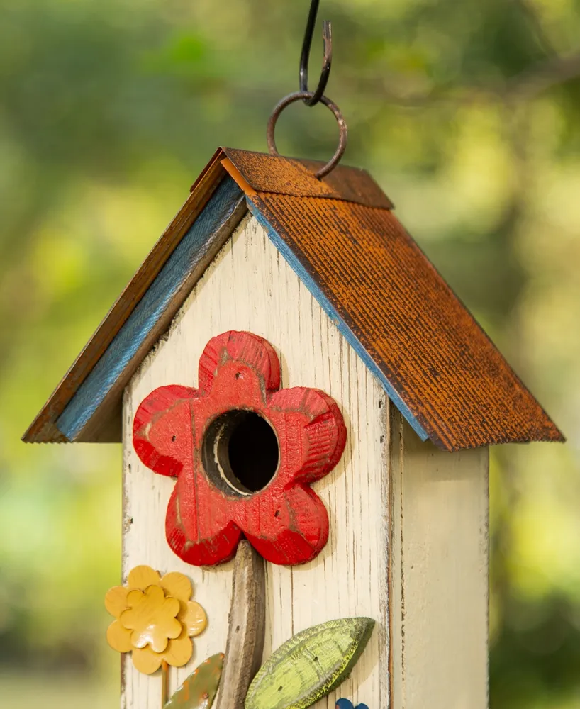 Glitzhome 10.25" Washed Birdhouse with 3D Flowers - Off