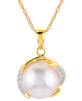Cultured Freshwater Pearl (10mm) & White Topaz (1/6 ct. t.w.) 18" Pendant Necklace in 14k Gold-Plated Sterling Silver