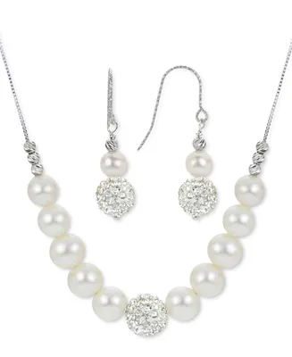2-Pc. Set Cultured Freshwater Pearl (6-8mm) & Crystal Statement Necklace & Drop Earrings in Sterling Silver