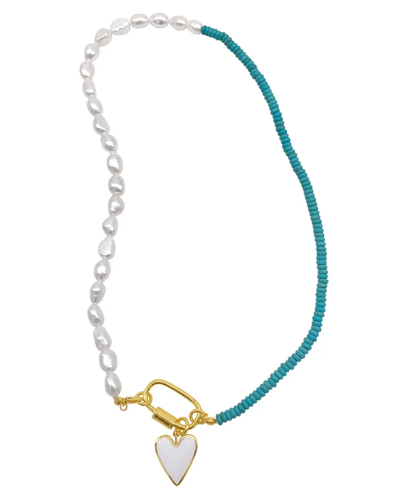 Adornia Turquoise and Freshwater Pearl Lock and Heart Pendant Necklace