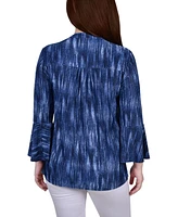 Ny Collection Petite 3/4 Bell Sleeve Printed Pleat Front Y-neck Top