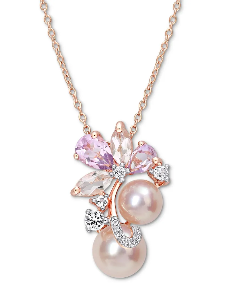 Pink Cultured Freshwater Pearl (7 & 8-1/2mm) & Multi-Gemstone (2-1/3 ct. t.w.) Flower Cluster 18" Pendant Necklace in 18K Rose Gold-Plated Sterling Si