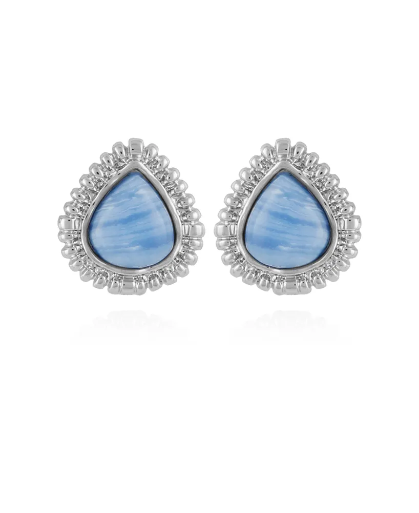Women's Denim Semi Precious Stone Button Earring - Silver