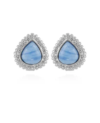 Women's Denim Semi Precious Stone Button Earring - Silver
