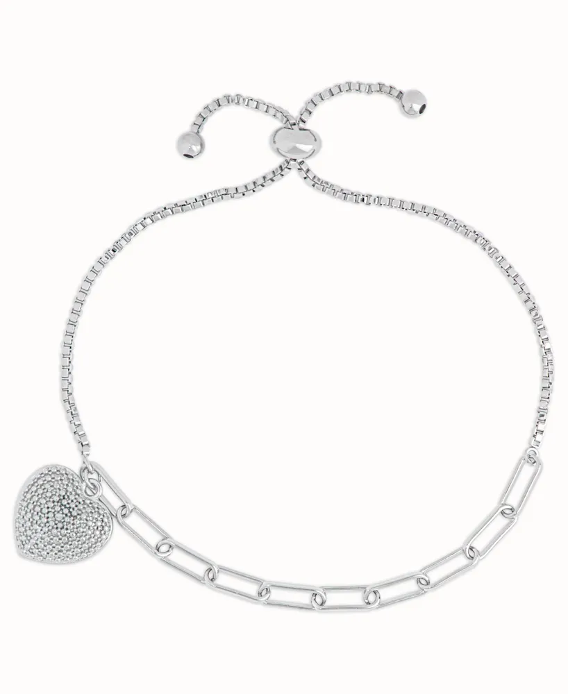 Diamond Accent Open Link Heart Bracelet in Fine Silver Plate - Silver