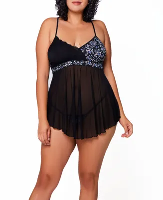 iCollection Plus Jasmine Lace , Floral Print and Mesh Baby Doll