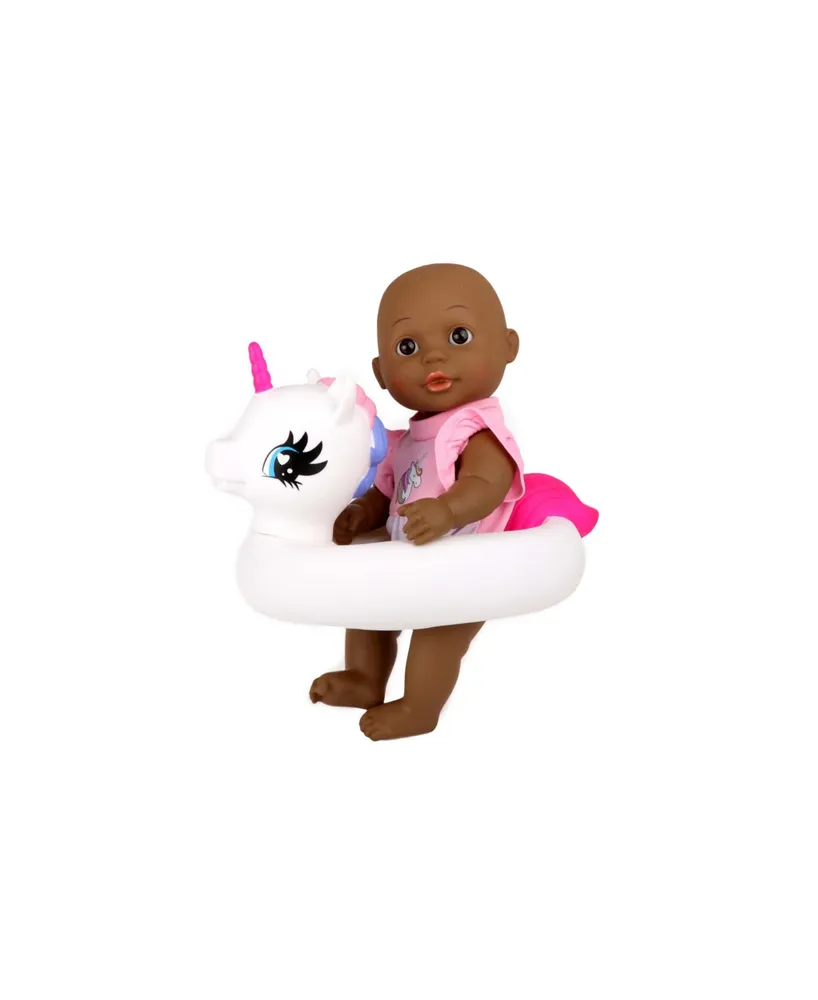 Dream Collection Bath Time 12" Toy Baby Doll with Unicorn Floaty - African American In Gift Box, 6 Piece