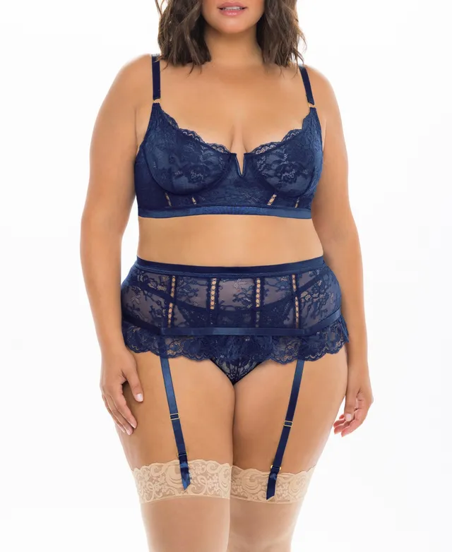 Oh La La Cheri Plus Underwire Bra with Matching High-Waist Garter Belt and  G-String, 3 Piece