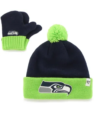 Toddler Unisex College Navy and Neon Green Seattle Seahawks Bam Bam Cuffed Knit Hat with Pom and Mittens Set