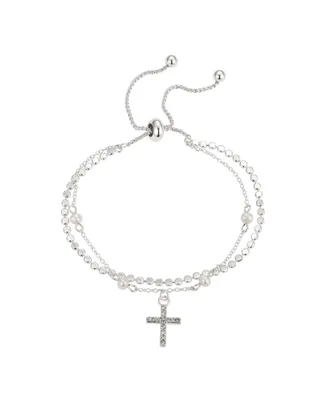 Unwritten Fine Silver Plated Crystal Cross and Genuine Pearl Double Strand Bolo Bracelet - Silver