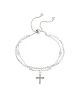 Unwritten Fine Silver Plated Crystal Cross and Genuine Pearl Double Strand Bolo Bracelet - Silver