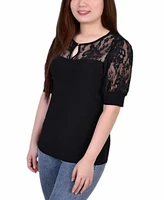 Women's Short Puff Sleeve Top with Lace Sleeves and Yoke