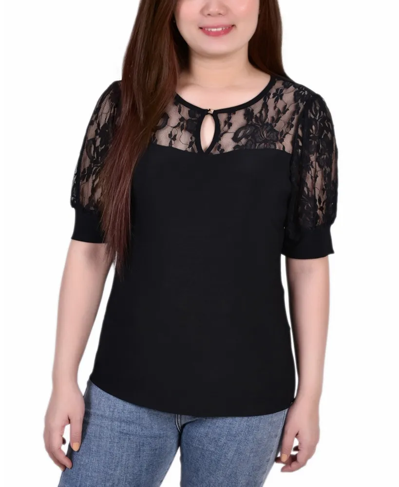 Women's Short Puff Sleeve Top with Lace Sleeves and Yoke